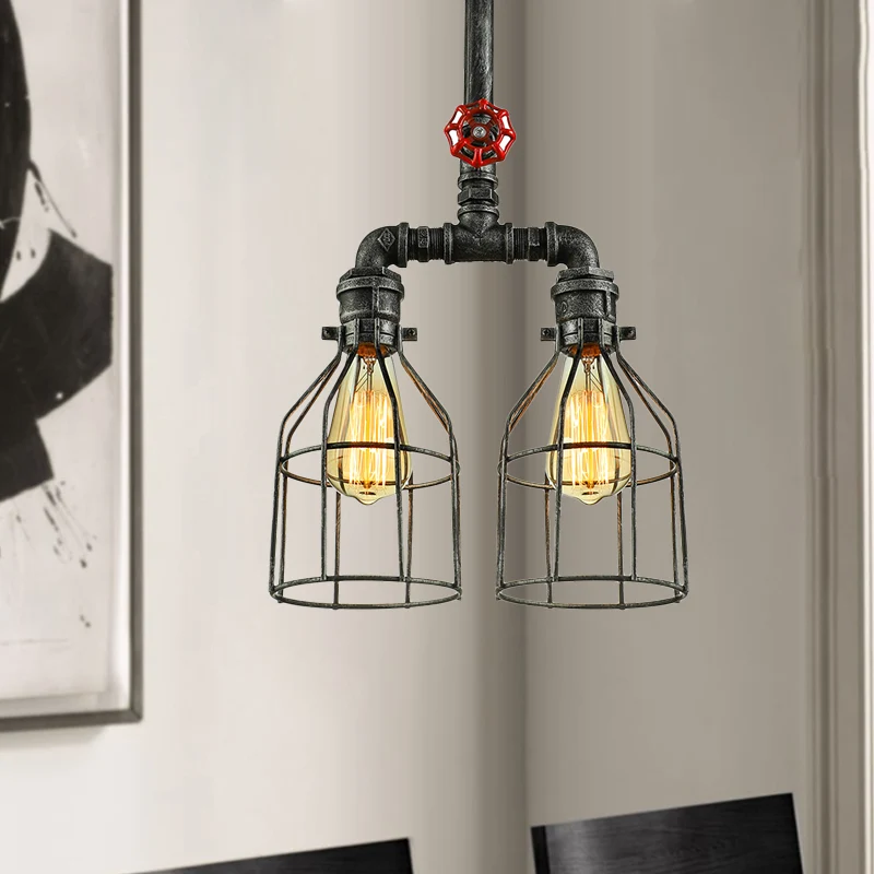 Hanglamp met 2/3 lampen, rustieke stijl, smeedijzeren eilandhanglamp met pijp, oud zilver/zwart Clearhalo