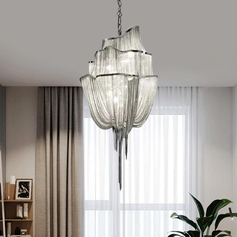 Hanglamp met meerdere lagen en kwastje Modern metaal 7/8 lampen Zilveren kroonluchterlamp voor woonkamer Clearhalo