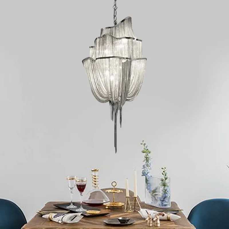Hanglamp met meerdere lagen en kwastje Modern metaal 7/8 lampen Zilveren kroonluchterlamp voor woonkamer Clearhalo