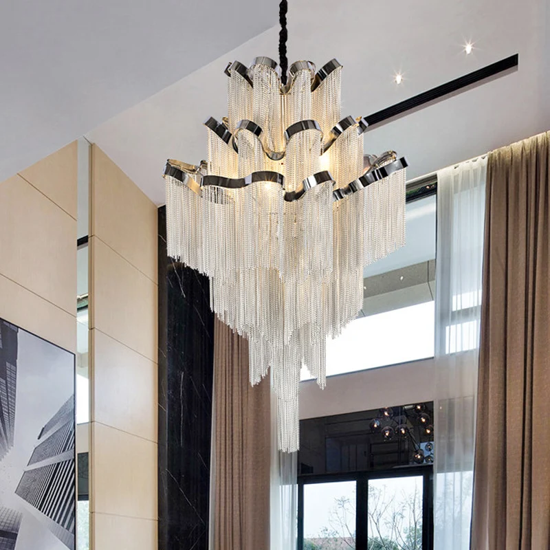 Hanglamp met meerdere lagen en kwastje Modern metaal 7/8 lampen Zilveren kroonluchterlamp voor woonkamer Clearhalo