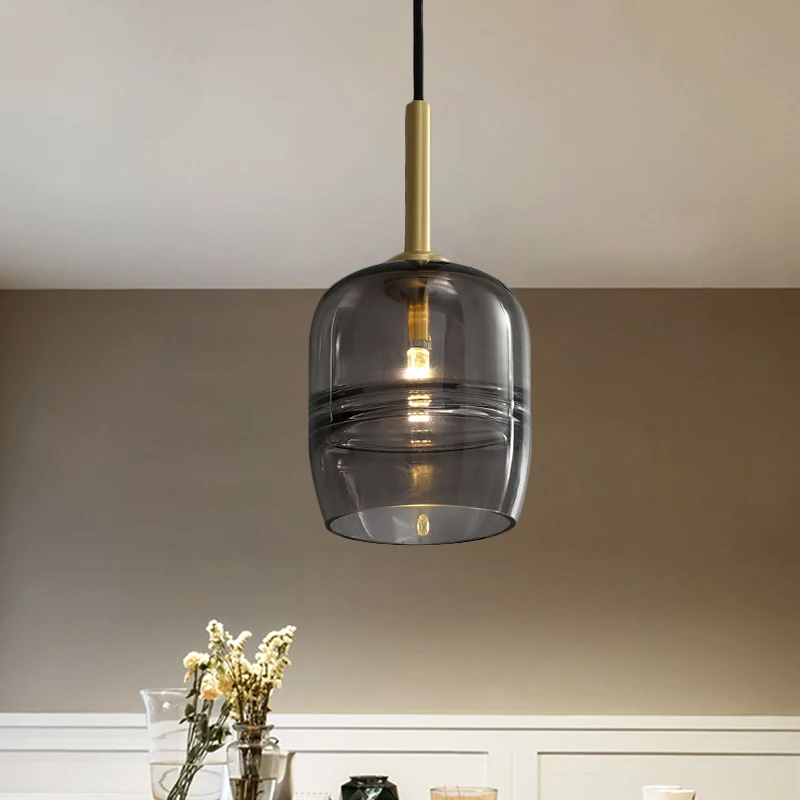 Hanglamp met ruches, minimalisme, helder/rookgrijs glas, 1-lichts nachtkastje, hanglamp messing Clearhalo