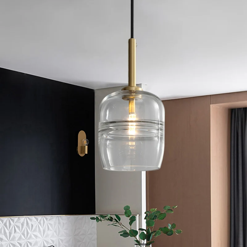 Hanglamp met ruches, minimalisme, helder/rookgrijs glas, 1-lichts nachtkastje, hanglamp messing Clearhalo