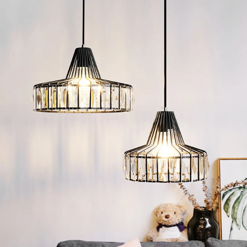 Hanglamp met zwart metalen frame, moderne kristallen plafondhanglamp voor eetkamer Clearhalo