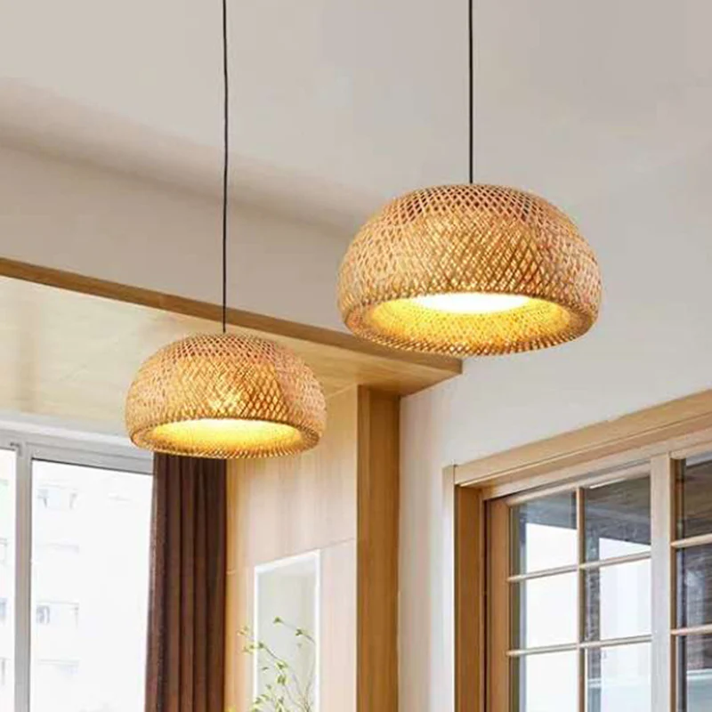 Hanglamp van Aziatisch hout met 1 lamp en ronde bamboe kap Clearhalo