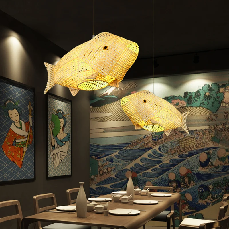 Hanglamp van bamboe vis, Zuid-Oost-Azië, enkele beige plafondlamp voor restaurant Clearhalo
