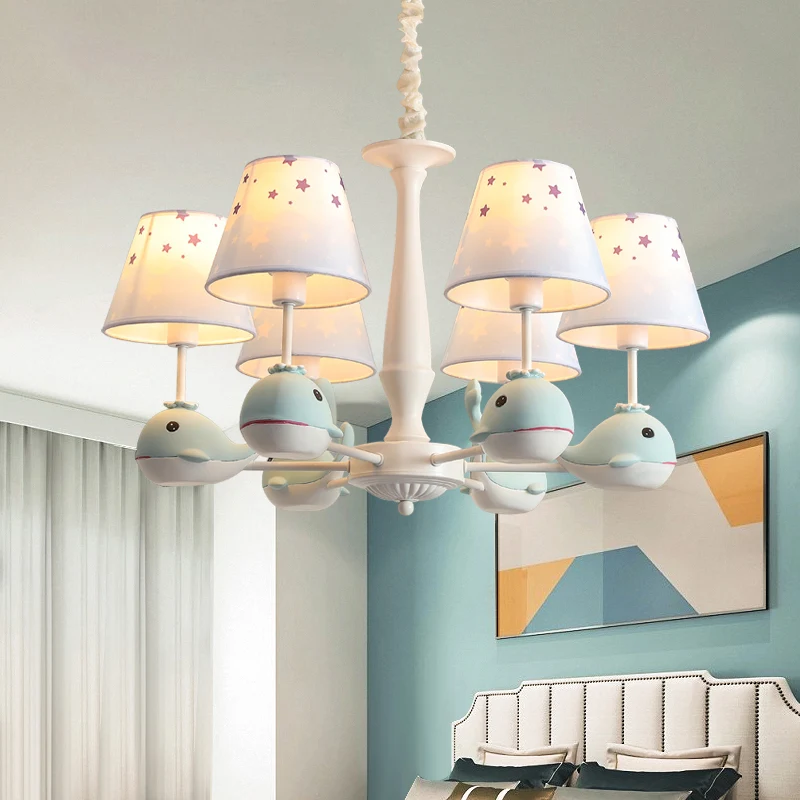 Hanglamp van stof met stermotief, kinderlichtblauwe hanglamp met harsdolfijn Clearhalo