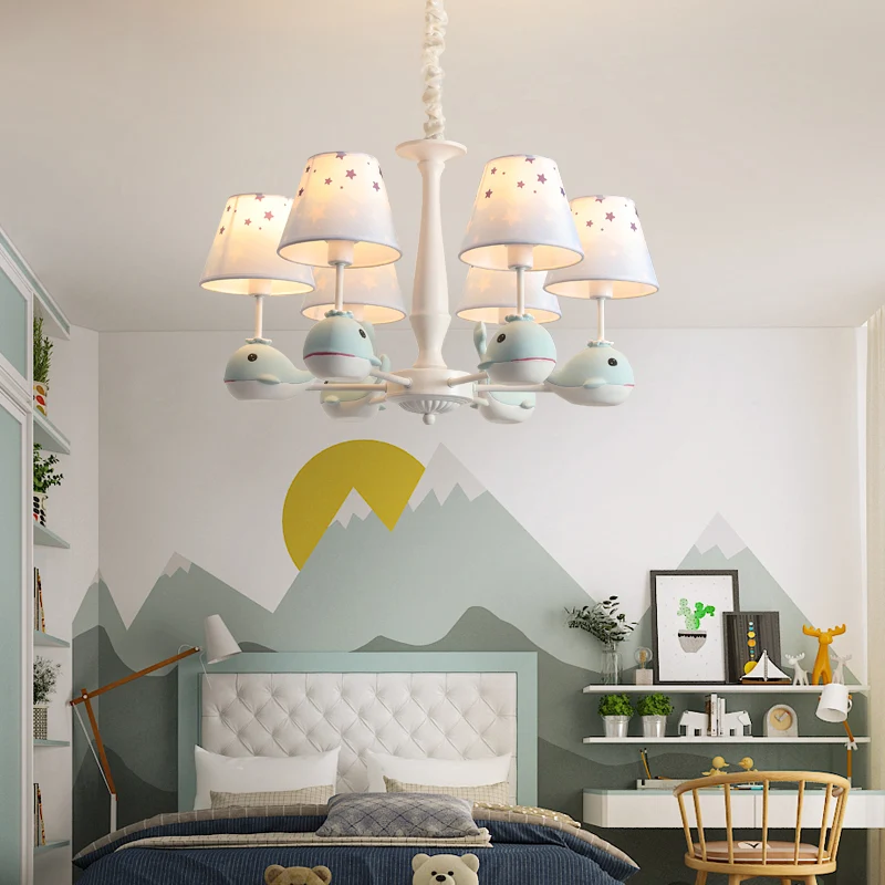Hanglamp van stof met stermotief, kinderlichtblauwe hanglamp met harsdolfijn Clearhalo