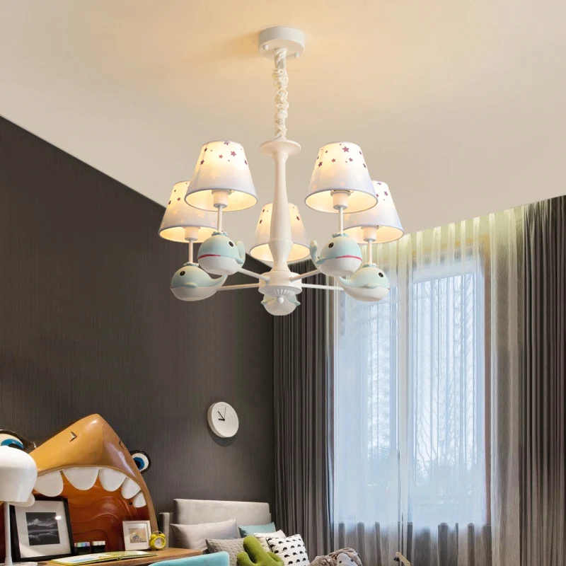 Hanglamp van stof met stermotief, kinderlichtblauwe hanglamp met harsdolfijn Clearhalo