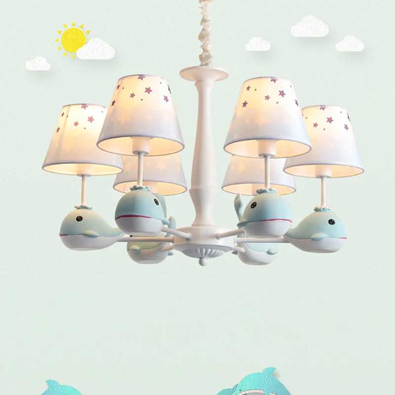 Hanglamp van stof met stermotief, kinderlichtblauwe hanglamp met harsdolfijn Clearhalo