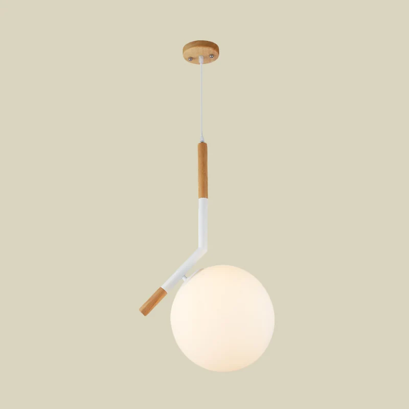 Hanglamp van wit glas, moderne houten hanglamp met 1 kop en schuine staaf, 11,5"/14,5" breed Clearhalo