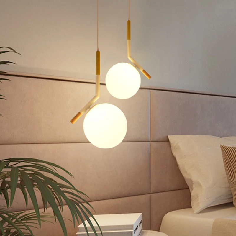 Hanglamp van wit glas, moderne houten hanglamp met 1 kop en schuine staaf, 11,5"/14,5" breed Clearhalo