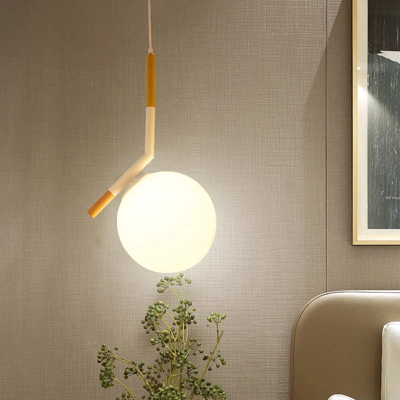 Hanglamp van wit glas, moderne houten hanglamp met 1 kop en schuine staaf, 11,5"/14,5" breed Clearhalo