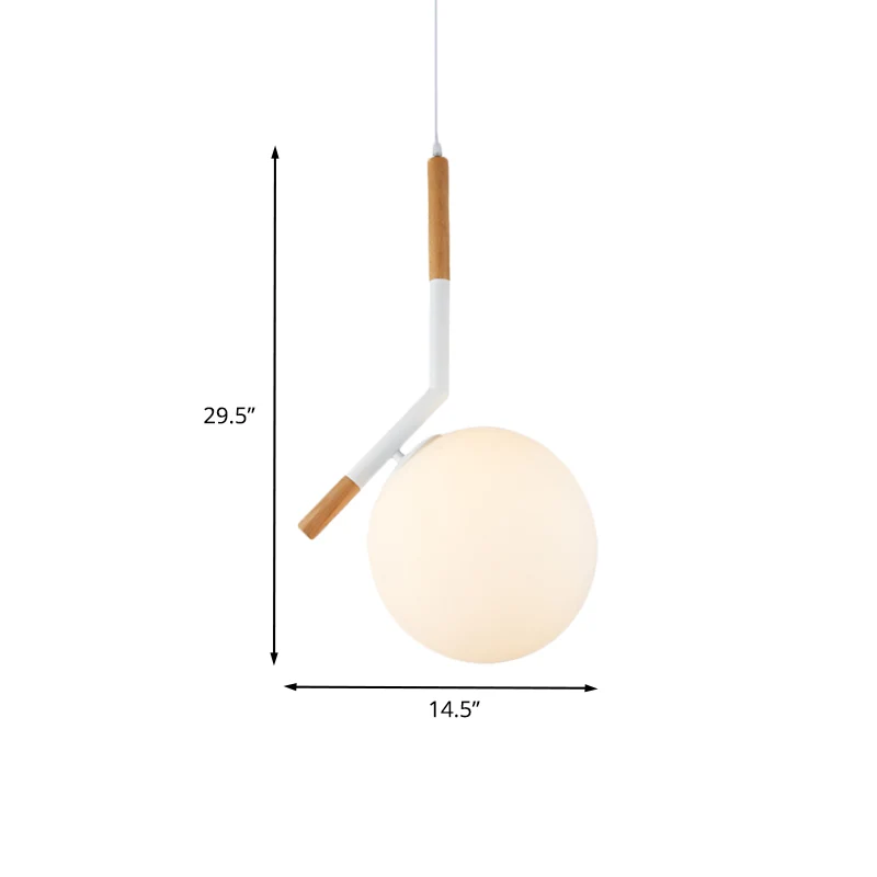 Hanglamp van wit glas, moderne houten hanglamp met 1 kop en schuine staaf, 11,5"/14,5" breed Clearhalo