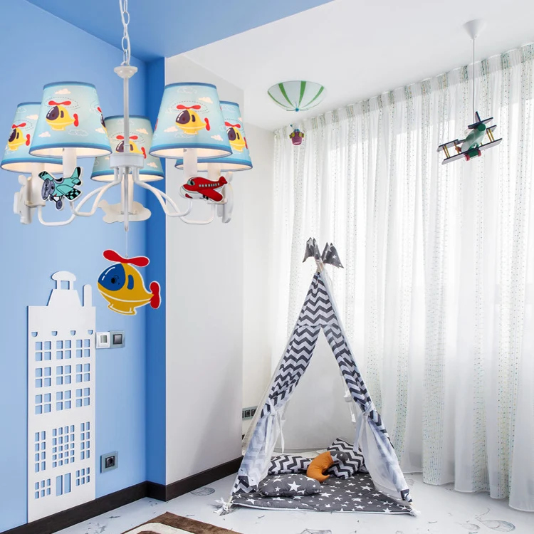 Hanglamp voor de kleuterschool de slaapkamer met vliegtuigstof en metalen cartoon lichtblauwe hanglampen Clearhalo
