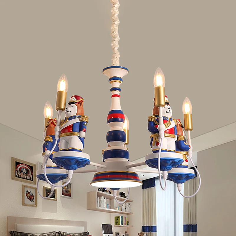 Hars beer soldaat kroonluchter cartoon 3/5-kops blauwe hangende hanglamp met open lampontwerp Clearhalo