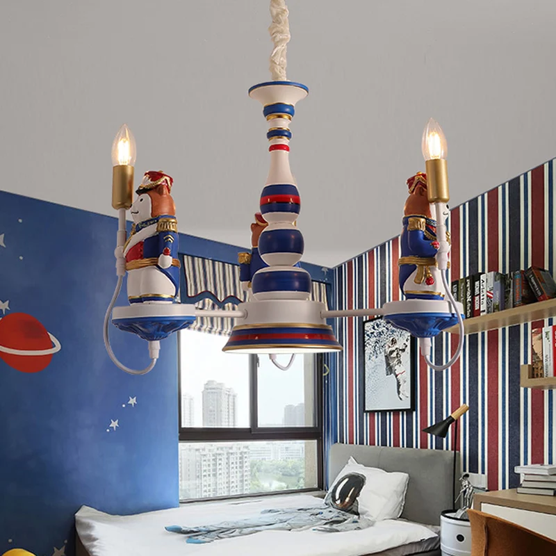 Hars beer soldaat kroonluchter cartoon 3/5-kops blauwe hangende hanglamp met open lampontwerp Clearhalo
