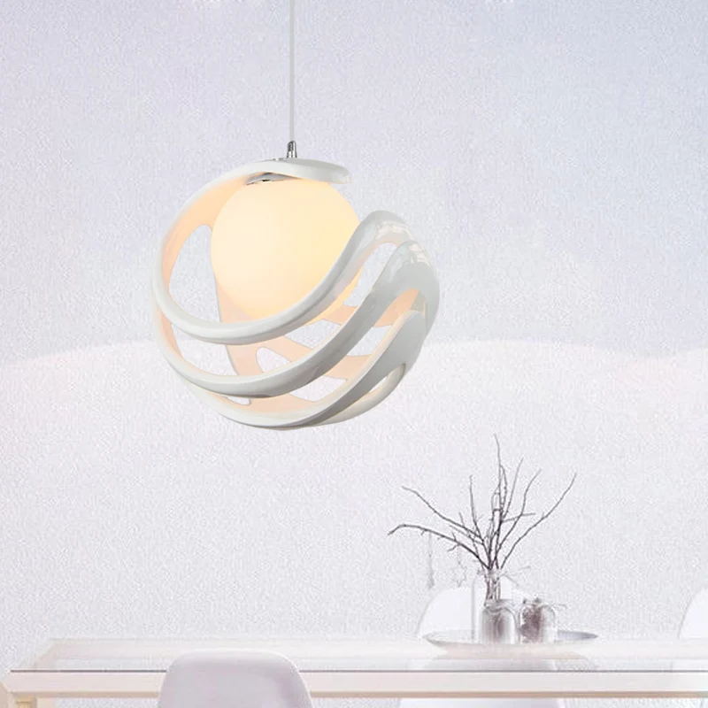 Hars gekrulde kooi hanglamp moderne 1-lamp witte plafondlamp met bol melkglazen kap Clearhalo