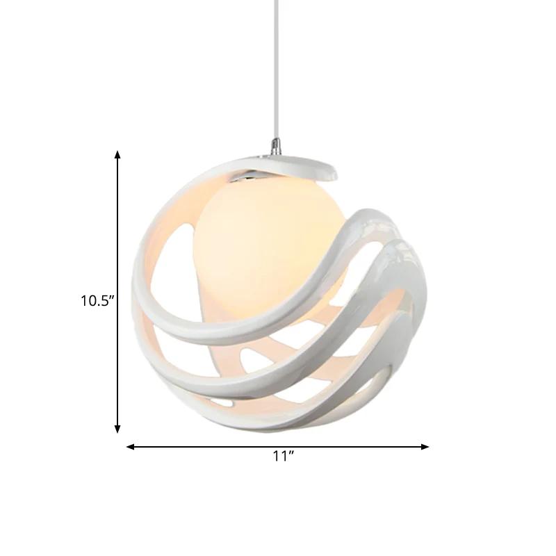 Hars gekrulde kooi hanglamp moderne 1-lamp witte plafondlamp met bol melkglazen kap Clearhalo