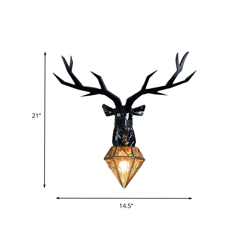 Hars herten wandlamp traditioneel 14,5"/19,5" breed 1 licht wit/zwart schanslicht met diamanten metalen kap Clearhalo