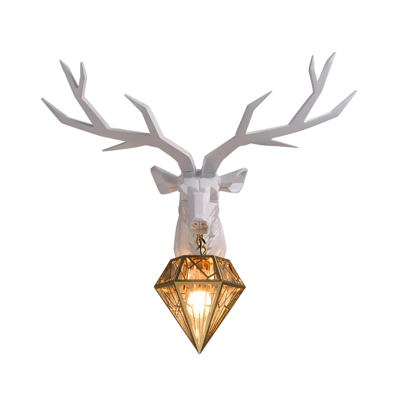Hars herten wandlamp traditioneel 14,5"/19,5" breed 1 licht wit/zwart schanslicht met diamanten metalen kap Clearhalo