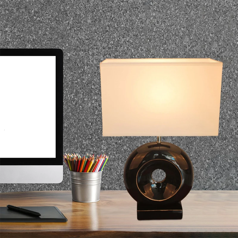 Hars zilver/zwarte tafellamp cirkel 1 lamp overgangsnachtkastje licht met rechthoekige/trommel stoffen kap Clearhalo