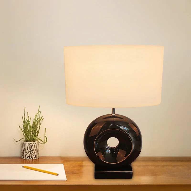 Hars zilver/zwarte tafellamp cirkel 1 lamp overgangsnachtkastje licht met rechthoekige/trommel stoffen kap Clearhalo