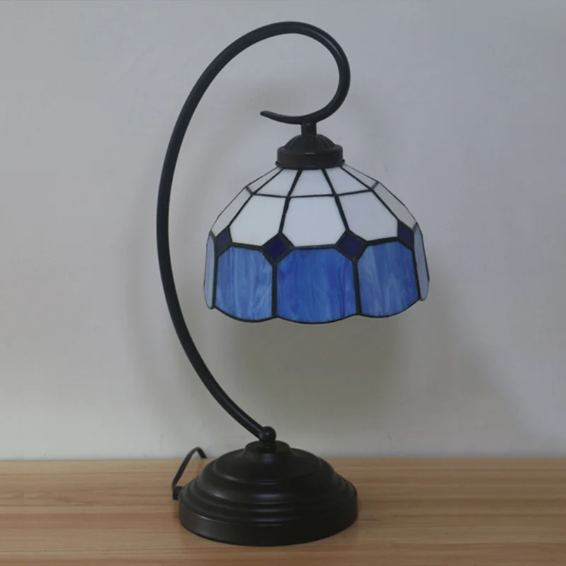 1 Head Grid Dome Nachttafellamp Barok Oranje/Blauw/Geel Geslepen Glas Taakverlichting met Swirl Arm Clearhalo