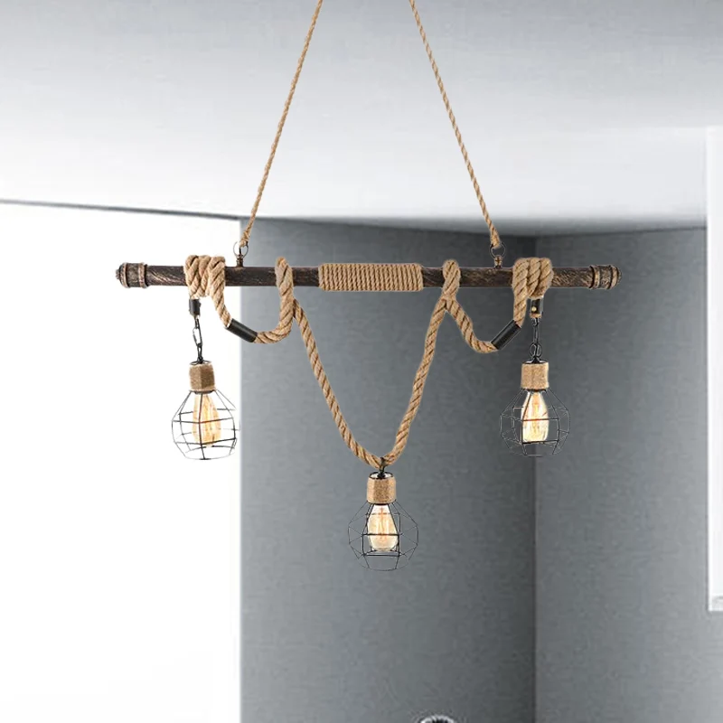 3 Head Island-verlichting Vintage Style Globe Cage Metaal en touw Hanglamp beige voor eetkamer Clearhalo