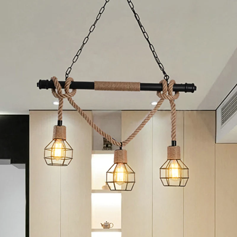 3 Head Island-verlichting Vintage Style Globe Cage Metaal en touw Hanglamp beige voor eetkamer Clearhalo