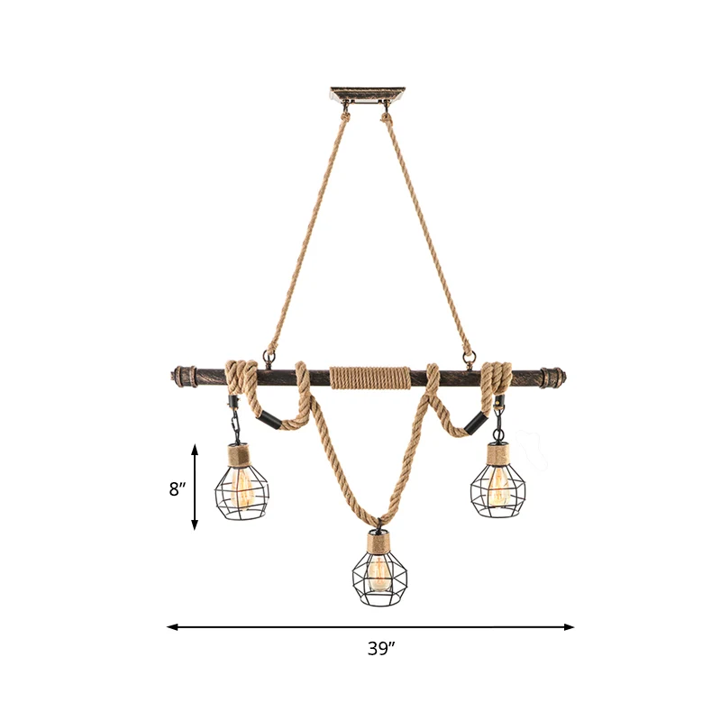 3 Head Island-verlichting Vintage Style Globe Cage Metaal en touw Hanglamp beige voor eetkamer Clearhalo