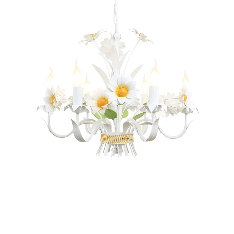 6 Heads Daisy Flower Bunch Kroonluchter Amerikaanse tuin Wit ijzeren hanglamp met kaarsontwerp Clearhalo