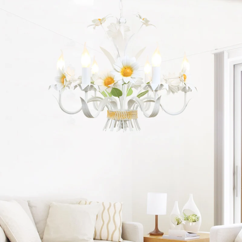 6 Heads Daisy Flower Bunch Kroonluchter Amerikaanse tuin Wit ijzeren hanglamp met kaarsontwerp Clearhalo
