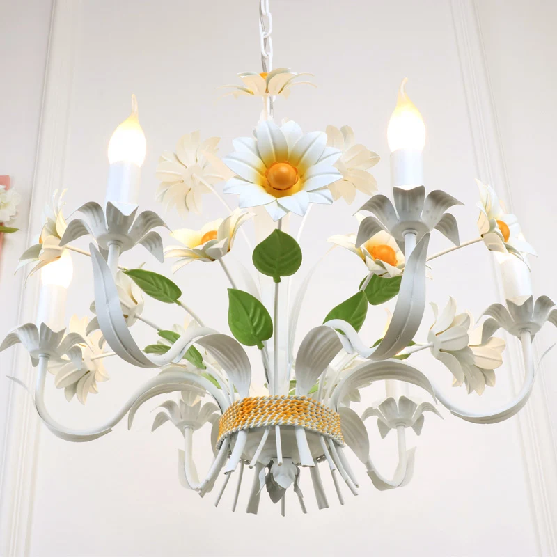 6 Heads Daisy Flower Bunch Kroonluchter Amerikaanse tuin Wit ijzeren hanglamp met kaarsontwerp Clearhalo