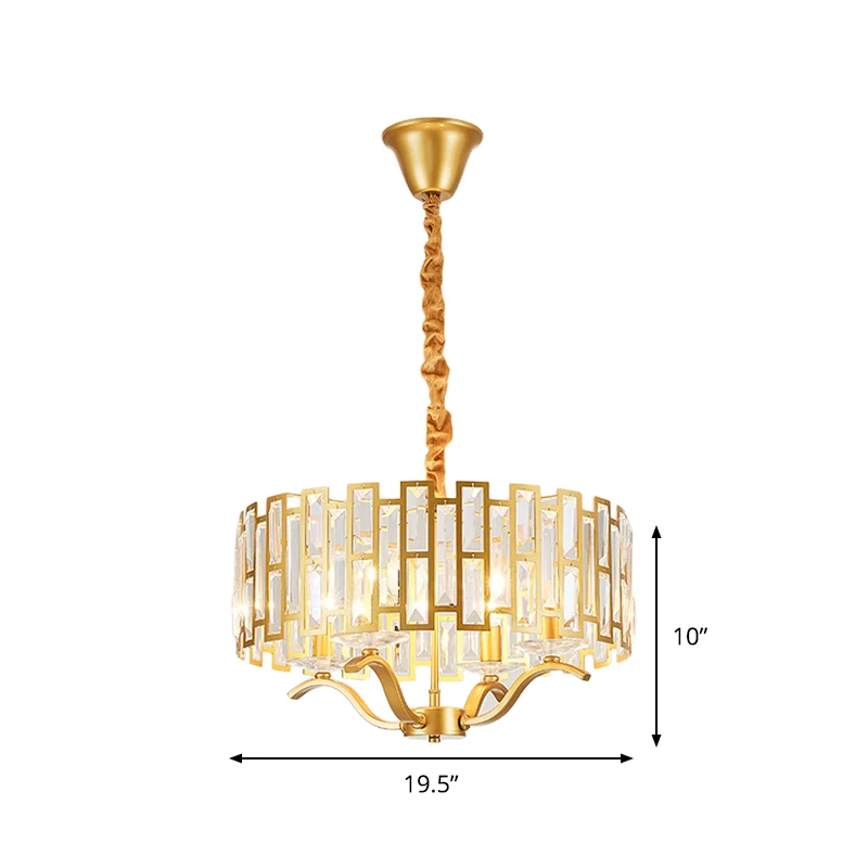 3/4 Heads Drum Hanglamp Traditionele Gouden Kristallen Ingebouwde Kroonluchter Licht met Rollen, 16"/19.5" W Clearhalo