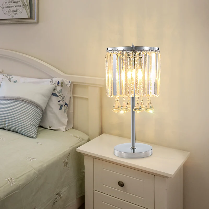 2 Heads Drum Task Light Moderne gefacetteerde kristallen tafellamp chroom met kristallen traan Clearhalo