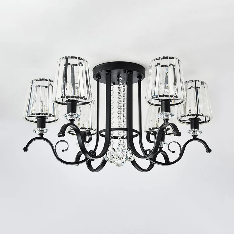 3/7 Heads Eetkamer Hanglamp Kit Modernisme Plafondkroonluchter met zwarte afwerking en kegelvormige kristallen kap Clearhalo
