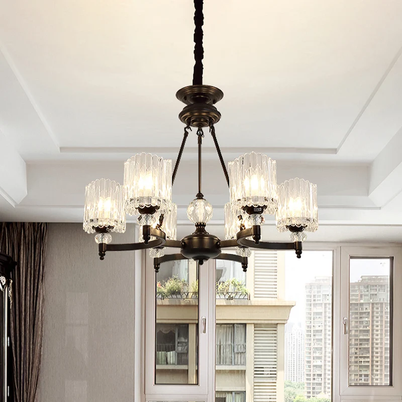 6/8 Heads Restaurant Plafondlamp Eigentijdse Zwarte Kroonluchter Hanger met Kegel Heldere Kristallen Schaduw Clearhalo