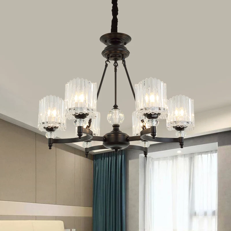 6/8 Heads Restaurant Plafondlamp Eigentijdse Zwarte Kroonluchter Hanger met Kegel Heldere Kristallen Schaduw Clearhalo