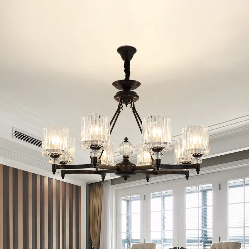 6/8 Heads Restaurant Plafondlamp Eigentijdse Zwarte Kroonluchter Hanger met Kegel Heldere Kristallen Schaduw Clearhalo