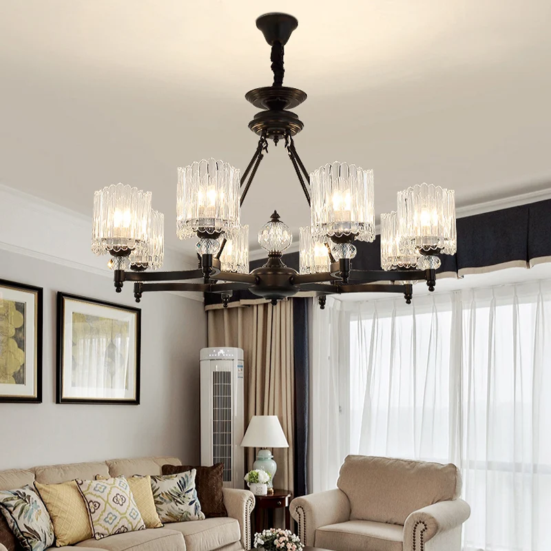 6/8 Heads Restaurant Plafondlamp Eigentijdse Zwarte Kroonluchter Hanger met Kegel Heldere Kristallen Schaduw Clearhalo