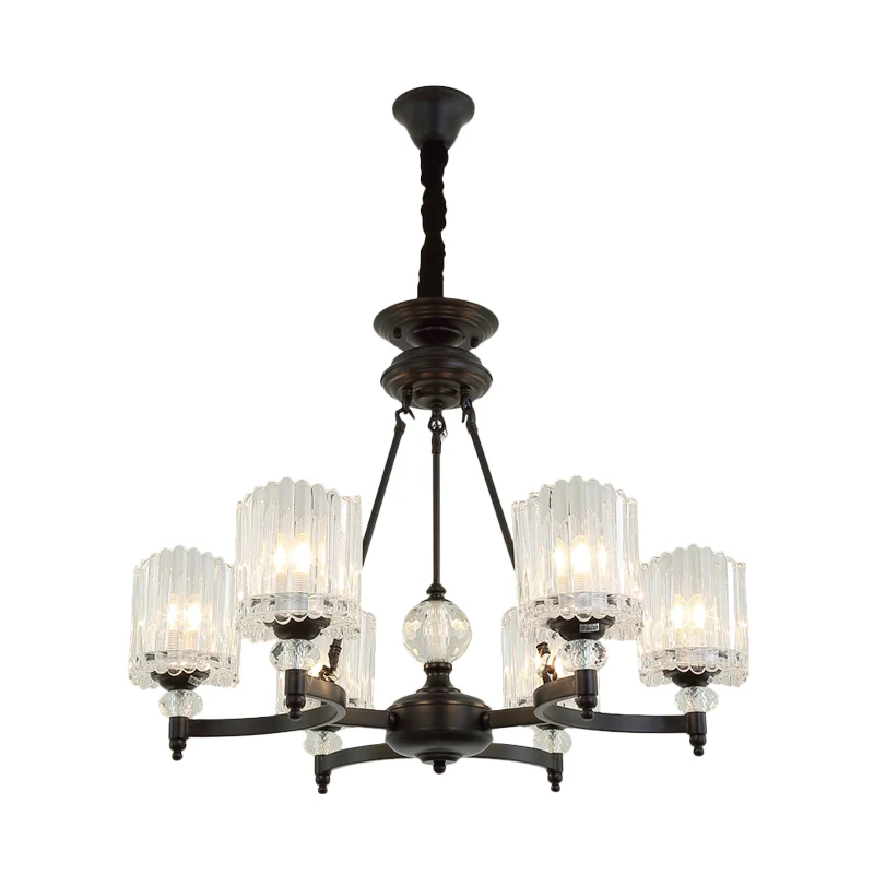 6/8 Heads Restaurant Plafondlamp Eigentijdse Zwarte Kroonluchter Hanger met Kegel Heldere Kristallen Schaduw Clearhalo