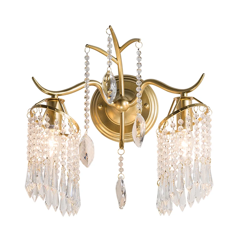 2 Heads Windbell Wandverlichting Minimalistisch Goud Draperend Kristal Teardrop Wandkandelaar Licht Clearhalo
