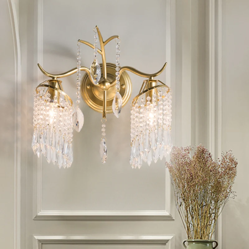 2 Heads Windbell Wandverlichting Minimalistisch Goud Draperend Kristal Teardrop Wandkandelaar Licht Clearhalo