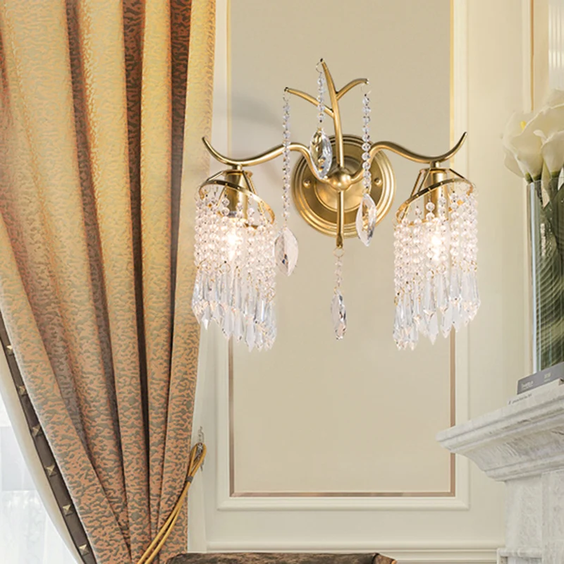 2 Heads Windbell Wandverlichting Minimalistisch Goud Draperend Kristal Teardrop Wandkandelaar Licht Clearhalo
