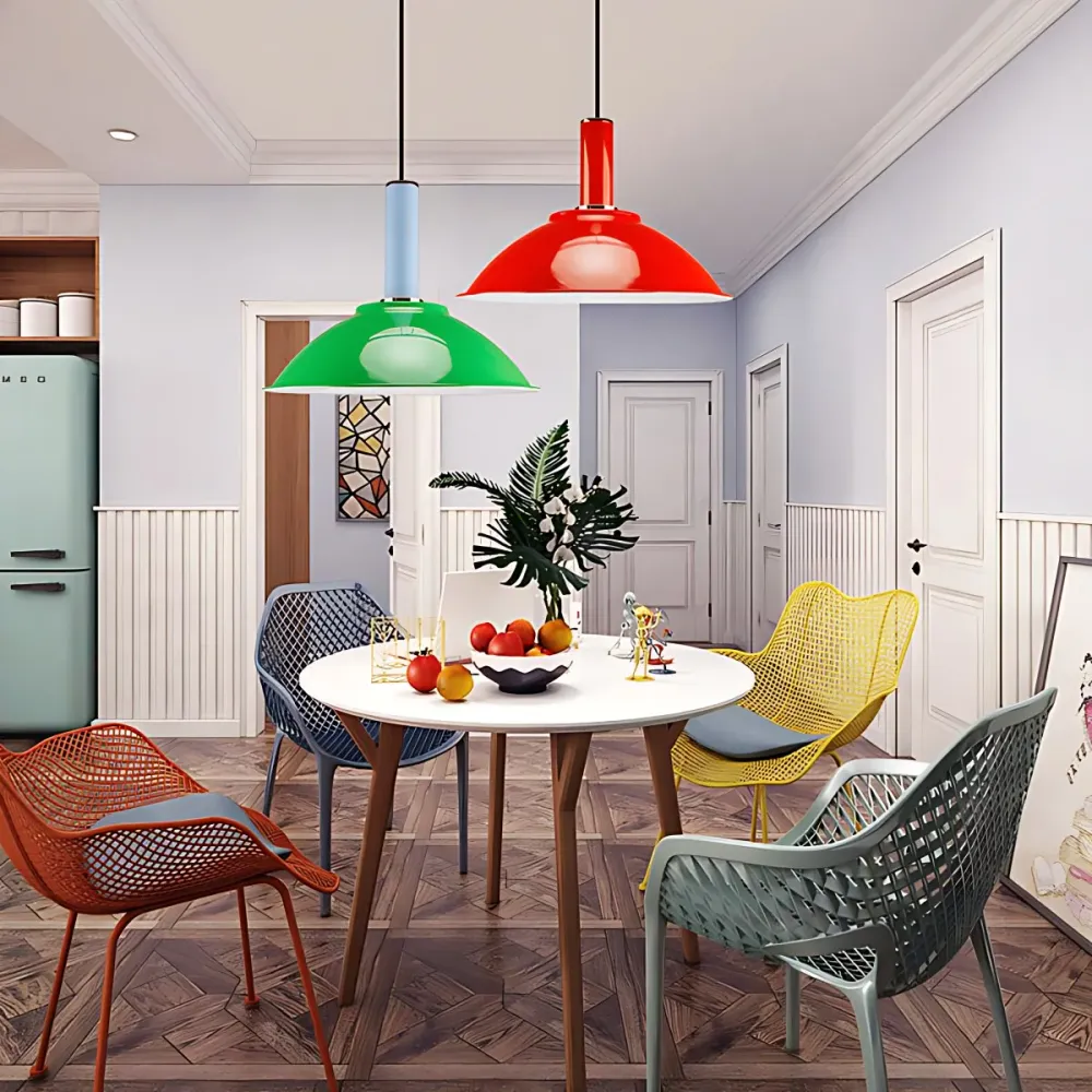 Hedendaagse hangende lamp met ondiepe kom Aluminium felgekleurde hanglamp blauw/groen/oranje/rood/geel voor marktwinkel Cl...