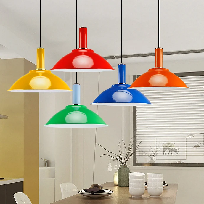 Hedendaagse hangende lamp met ondiepe kom Aluminium felgekleurde hanglamp blauw/groen/oranje/rood/geel voor marktwinkel Cl...