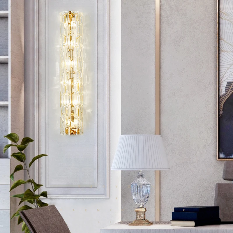 Hedendaagse lineaire wandverlichting Helder kristal en metaal Multi Light wandlamp goud voor woonkamer Clearhalo
