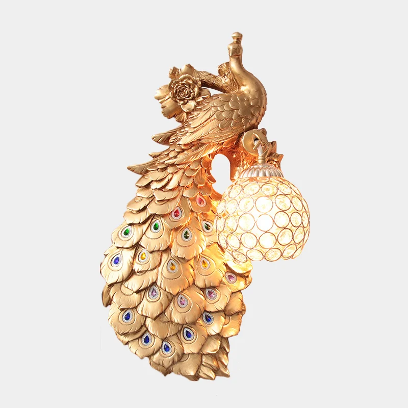 Helder afgeschuinde kristallen bol schans rustieke enkele lamp hal wandmontage licht met pauw en roos decor wit/blauw/groe...