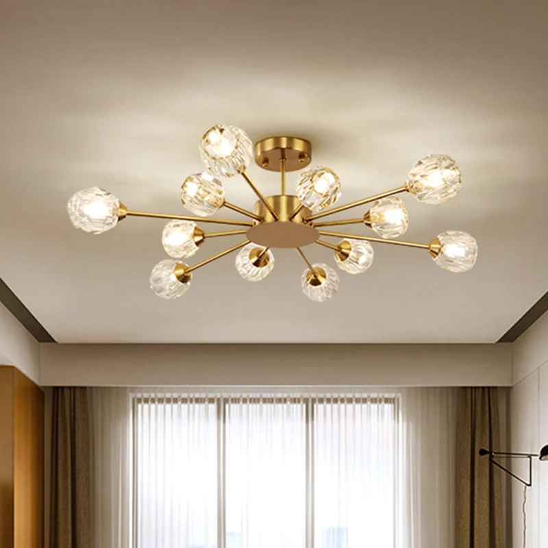 Helder gefacetteerde kristallen gouden plafondlamp Sputnik 12 koppen postmoderne semi-inbouwlamp Clearhalo