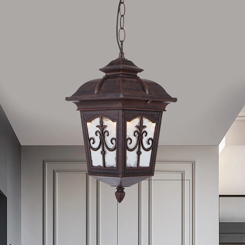 Helder gerimpeld glas zwart/brons plafondlamp Lantaarnvormige 1-lichts boerderij hanglamp voor terras Clearhalo